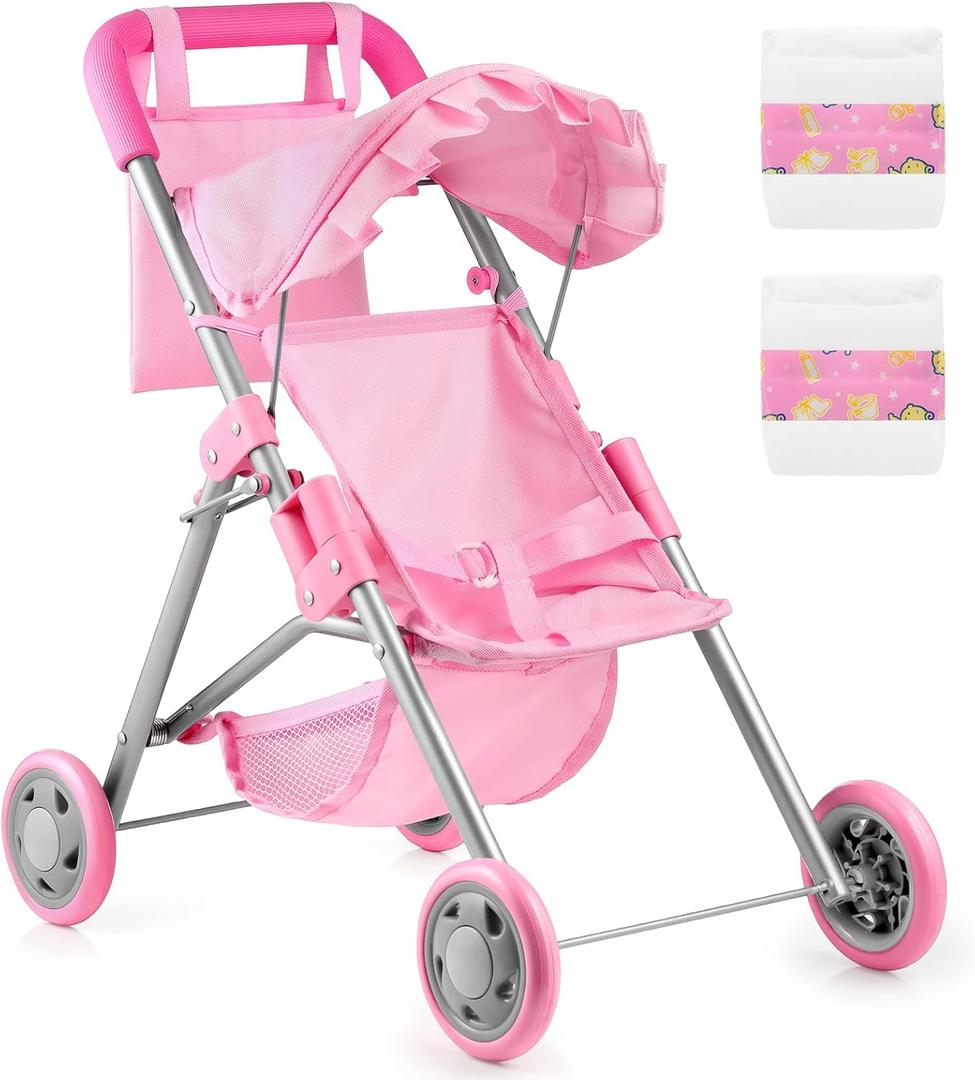GAGAKU Baby Doll Stroller for Toddlers, Foldable Toy Stroller with Storage Basket and Bag, Diapers - Reborn Doll Accessories for Girls & Kids Ages 3+, Pink
