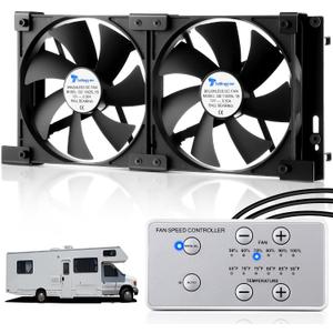 12V RV Fridge Ventilation Cooling Fan 5.5" (140mm), Custom Mounts For American RV Side Vents, Adjustable Temperature Settings, High Tech Remote With Manual/Auto Modes, IP54 Waterproof, DC12V/0.3A