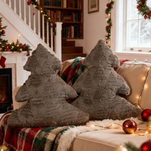 Lanpn Christmas Tree Pillows Set of 2, Tree Christmas Decoration Winter Soft Cute Xmas Tree Shaped Throw Cushion for Bedroom Couch Sofa Xmas Decor (18x16 inch, Brown)