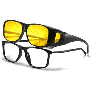 LVIOE Polarized Fit Over Night Vision Glasses for Women Men Over Glasses Wrap Around for Night Driving Glare Eyeglasses N8143 (A01 Black Frame / Night Vision)