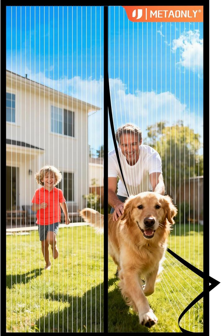 METAONLY Magnetic Screen Door Mesh Fits 36" x 80" Door - Curtain Size 38" x 82", Works for Patio, Sliding Door, Keeps Bug Mosquito Out, Fresh Air Flow, Black Frame White Veil
