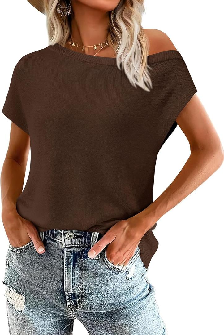 PRETTYGARDEN Womens Off The Shoulder Tops 2026 Summer Casual Short Sleeve Tunic T Shirts Lightweight Knit Sweaters (Brown, XXL)