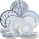 BTaT- Bone China Dinnerware Sets for 4, 12 pcs, Blue Garden Elegance, 4 Different Design, Ceramic Plates and Bowls Sets for 4, Microwave, Oven, Dishwasher & Freezer Safe, White 