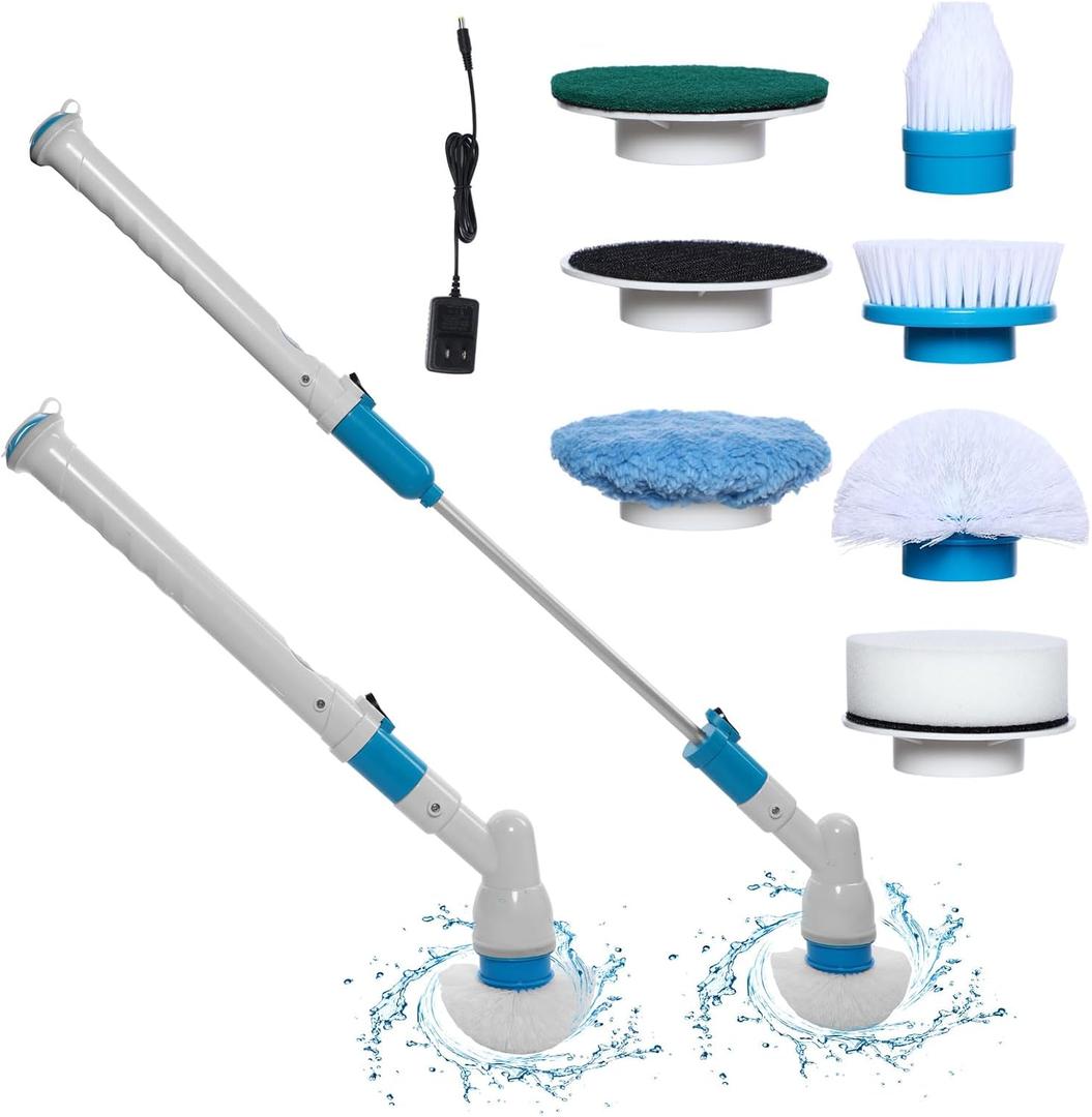 Shower Scrubber with Long HandleTub and Tile Scrubber with 6pcs Cleaning Scrubber Brush, Electric Shower Scrubber for Bathroom, Tub, Tile, Floor, Kitchen, Window,Blue