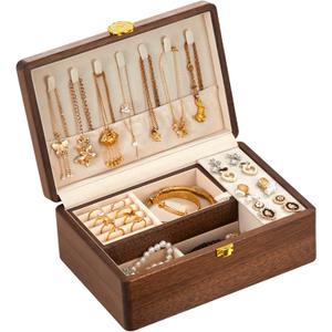 Wooden Jewelry Box For Women Jewelry Organizer Box With Lock 2 Layer Jewelry Holder Organizer For Necklace Ring Earring (Double Nut-BrownA)