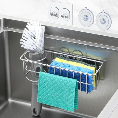 3-In-1 Sponge Holder for Kitchen Sink with Suction Cups & Adhesive Hook , In-sink Sponge Holder, Wall Hanging Sink Caddy Organizer Rack - Sponge, Dish Cloth, Brush, Scrubber - 304 Stainless Steel