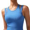 RUNNING GIRL Sports Bras for Women High Impact Seamless Ribbed Longline High Neck Workout Crop Tank Tops Padded (Blue, M)