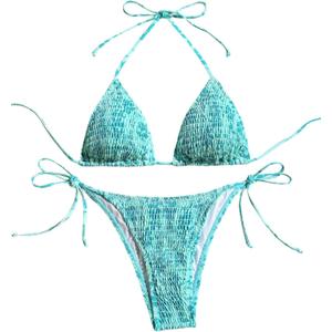 SHENHE Women's 2 Piece Smocked Triangle Bikini Sets Halter Drawstring Side Cute Swimsuits Floral Mint Blue, X-Small