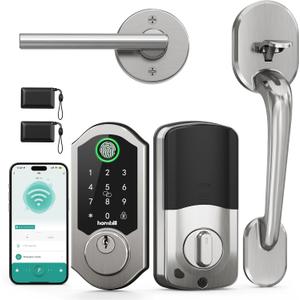 WiFi Smart Front Door Lock Set: Hornbill Electronic Keypad Deadbolt, 11-in-1 Keyless Entry with Handle, Alexa Fingerprint, Remote Bluetooth Lever, Satin Nickel