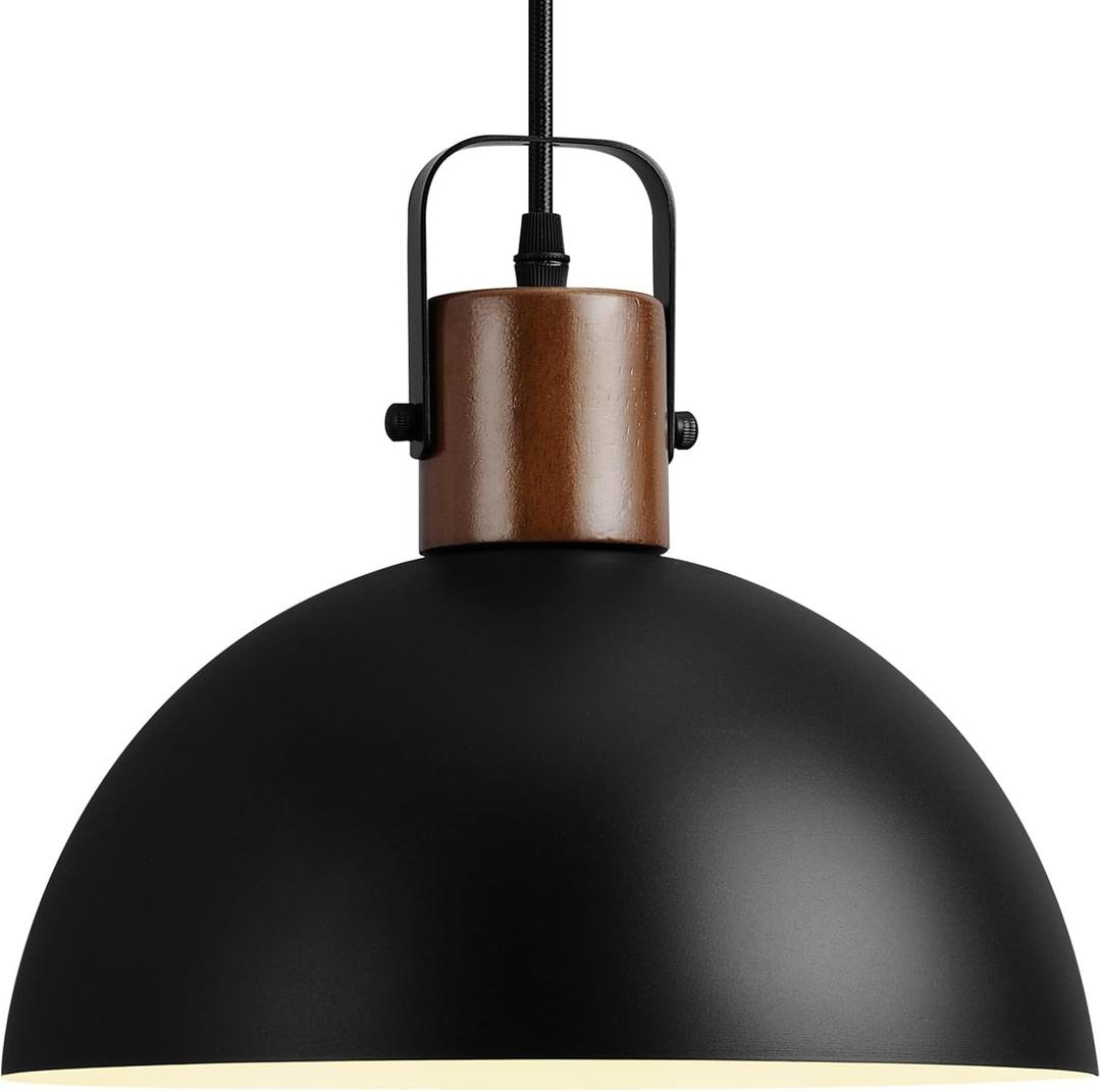 Eustace 11.8" Wood and Metal Black Pendant Light Fixtures, Modern Farmhouse Pendant Lamp, Industrial Dome Hanging Lights for Kitchen Island Dining Room Hallway Restaurant Entryway (Wood + 11.8in)
