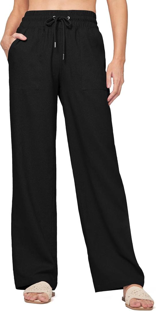 Willit Women Linen Pants Wide Leg Casual Palazzo Pants Cotton Linen Lounge Beach Summer Pants with Pockets 29"/31"/ 33" (Black, XS)