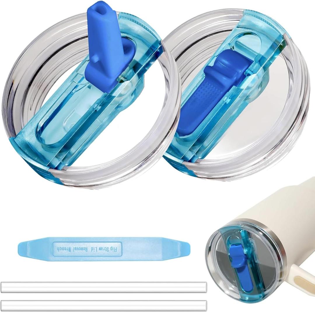 2 Pack 40 oz Tumbler Flip Straw Lid for Stanley Quencher ProTour Leak Proof Lid Replacement for Stanley H2.0 Quencher, Spill Proof Reusable Lid for Stanley Cup Accessories (Blue & Blue, 40 oz)