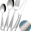 16-Piece Modern Hammered Cutlery Set with Ultra Sharp 2-in-1 Serrated Knife, 18/10 Stainless Steel Silverware Flatware Set Service for 4, Tableware Utensil, Forks Spoons Knives Set