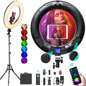 Weeylite 18 inch RGB Ring Light, App Control RGB Light Ring with Stand and Phone Holder/Remoter/Ipad Holder, Dimmable 2500K8500K CRI 95+ LED Circle Selfie Light for TikTok Selfie Liver Stream Makeup