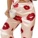 WDIRARA Women's 2 Pieces Lip and Heart Print Sleepwear Bow Cami and Pants Pajama Set (Medium, Beige Red)
