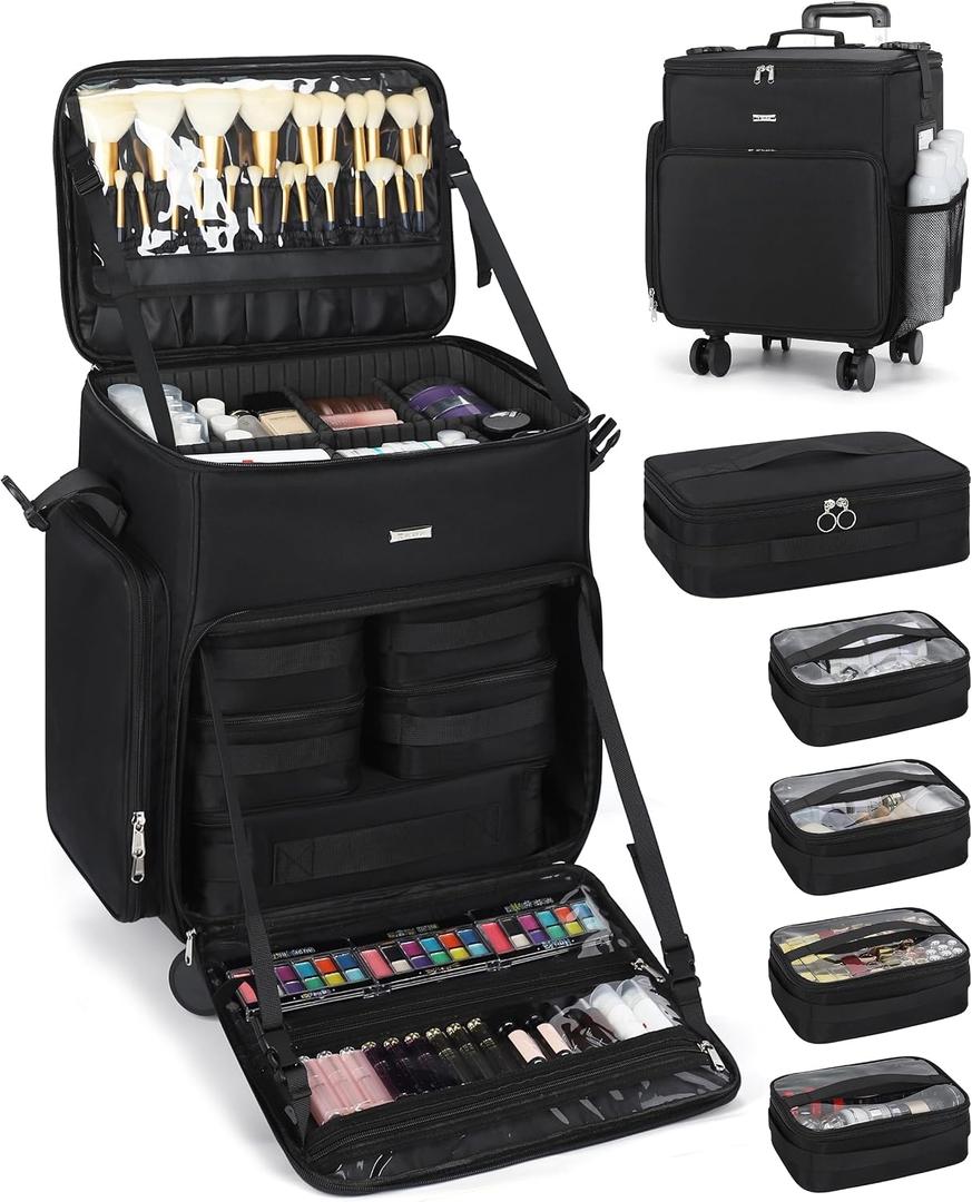 CUBETASTIC Rolling Makeup Case, Professional Cosmology Case on Wheels, Makeup Trolley with 5 Removable Pouches, Makeup Suitcase with Wheels, Rolling Cosmetic Train Case, Hair Stylist Rolling Case