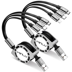 Multi Charging Cable 3A, [2Pack 4ft] Retractable Multi Charging Cord 3 in 1 Fast Charger Cord, USB C Charger Adapter with Lightning/ Type C/ Micro USB Ports for Cell Phones/ iPhone/ Samsung/ PS/ Tablets