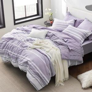Bedsure Full Comforter Set 7 Pieces, Purple Striped Bedding Set for All Seasons, Reversible, Cationic Dyeing Bed in a Bag with Comforter, Sheets, Pillowcases & Shams
