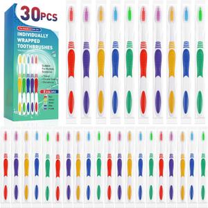 Navona 30 PCS Premium Individually Wrapped Bulk Toothbrush Pack, Disposable Toothbrushes, Kids Toothbrush, Medium Soft Bristle Toothbrushes, Ergonomics Handle, Perfect for Travel Hotel Donation