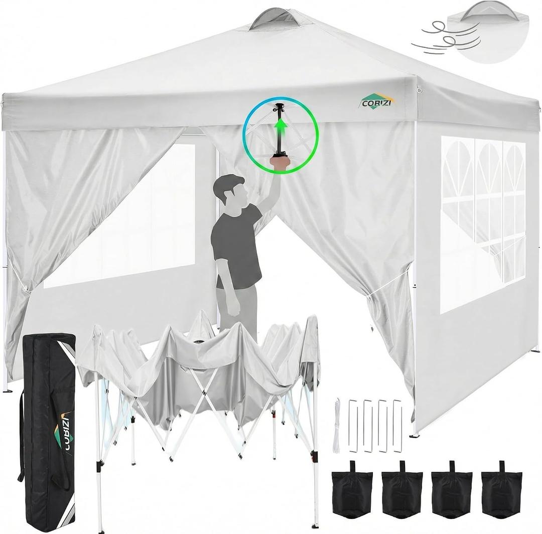 COBIZI 10x10 Pop Up Canopy Tent, One Push Outdoor Gazebo with 4 Removable Sidewalls & Air Vent, Waterproof Commercial Easy Up Adjustable Canopy with 4 Sandbags, 4 Stakes & 8 Ropes for Party, White