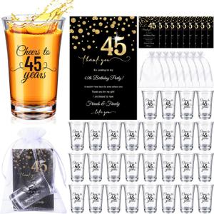 50 Sets Birthday Party Favors for Guests Bulk, 1.4 oz Cheers to 40/45/50/55/60/65 Years Plastic Personalized Glasses Cups with Thank You Cards Gift Bag for Birthday Wedding (Black 45 Years)