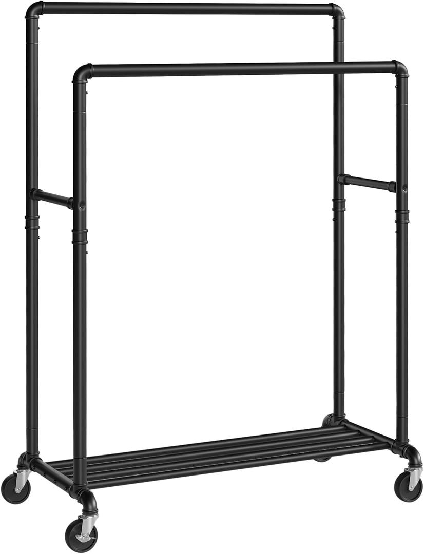 SONGMICS Heavy-Duty Clothes Rack, Double-Rod Clothing Rack for Hanging Clothes, Industrial Garment Rack on Wheels, Metal Frame, 2 Casters with Brakes, Commercial Display, Black UHSR60B