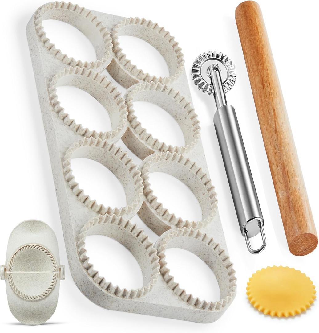 Ravioli Maker Press, Ravioli Press Mold Set - Round Ravioli Stamp Maker Cutter with Wood Rolling Pin, 2.6" Empanada Maker Press Kit and Ravioli Wheel, Makes 8 Ravioli