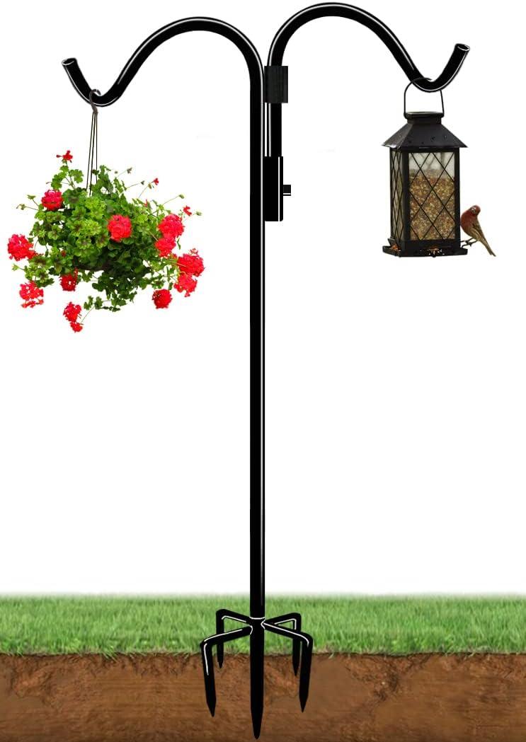 76 Inch Double Shepherds Hook for Outdoor with 5 Prong Base, Adjustable Heavy Duty Bird Feeder Pole for Hanging Flower Basket, Plant Hanger, Solar Light Lanterns, Black