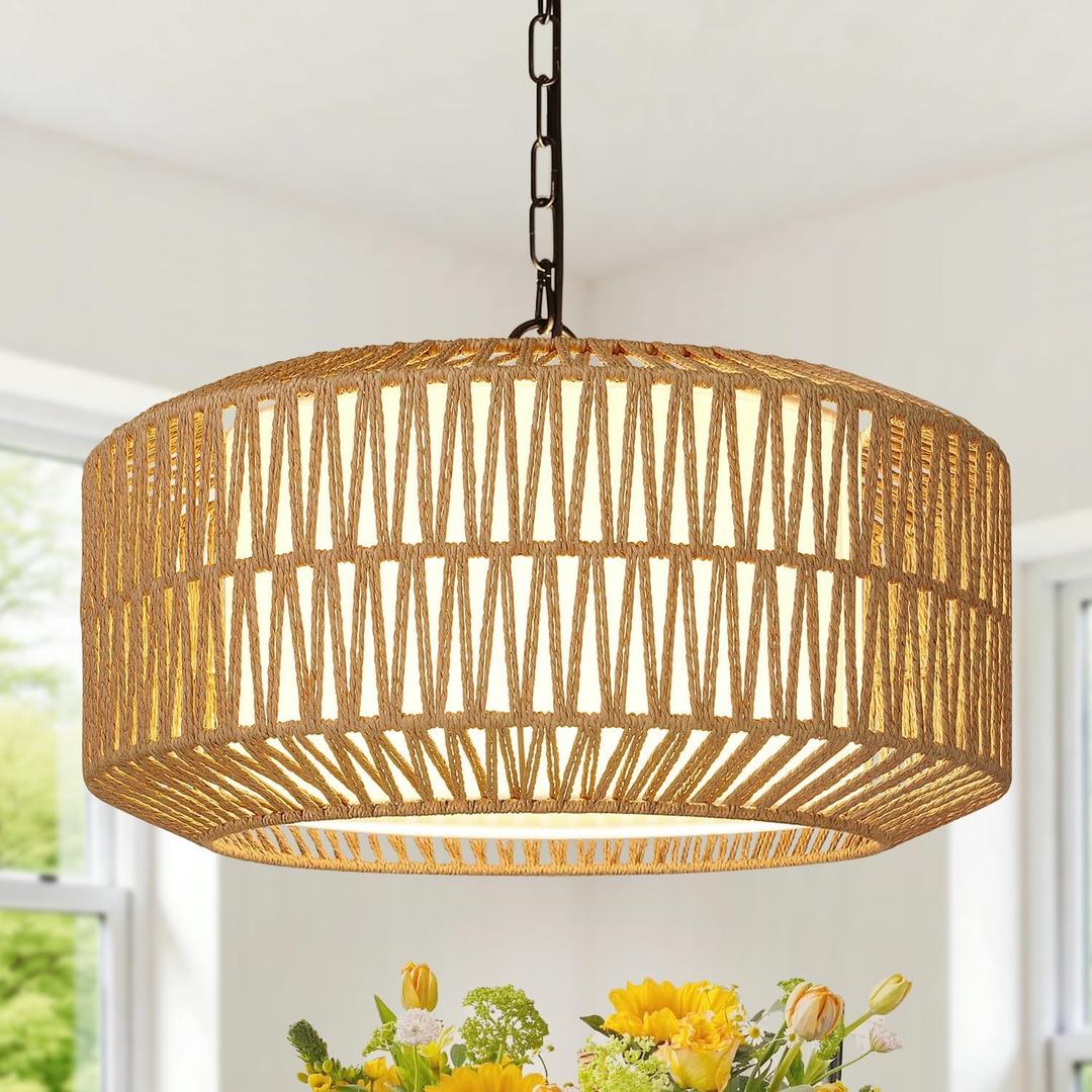 Farmhouse Chandelier Light Fixture, 5-Light Rattan Boho Chandeliers for Dining Room, Hand Woven Pendant Light with Linen Shade, Rustic Hanging Lighting for Kitchen Island, Bedroom (Bulb Not Included) (Bohemian)