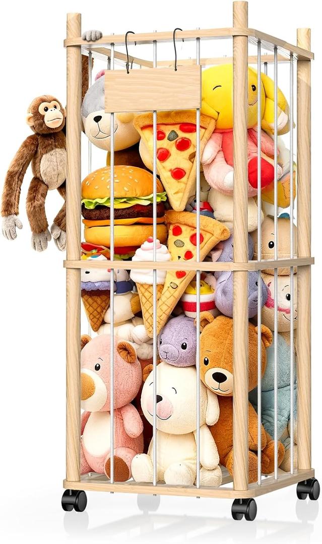 Stuffed Animal Storage & Holder, Natural Pine Wood Plushies Storage with Wheels, Large Capacity Stuffed Animal Zoo with Elastic Cord, Space Save Toy Organizer for Playroom Bedroom & Toddler Room (2 Tier)