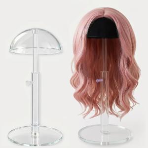 8-17" Adjustable Acrylic Wig Head Stand & Hat Display Holder | 1-Pack clear tabletop wig holder & cap rack with non-slip velvet cover. Perfect for shop window, counter & home storage.