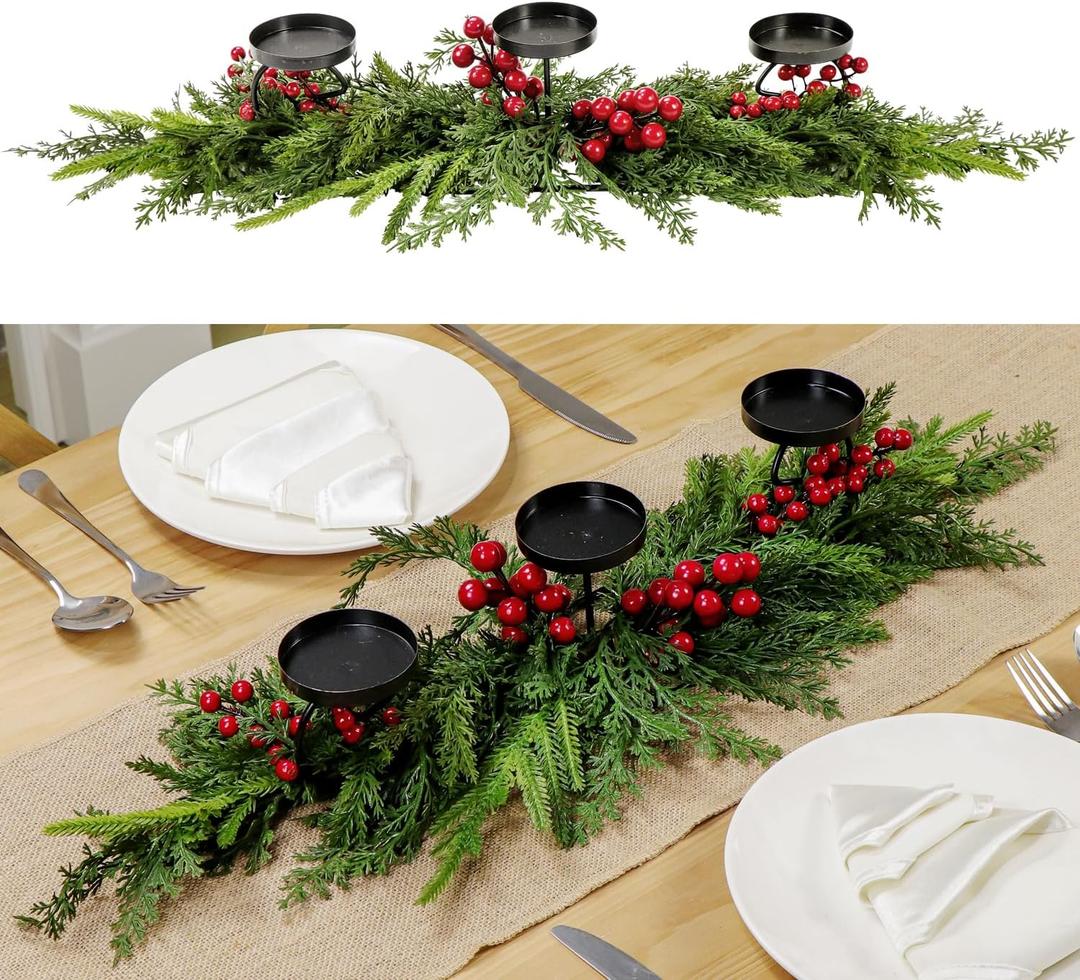 40cm Rustic Christmas Candle Holder 3 Trays with Norfolk Pine Cedar Branches Red Berries for Holiday Dining Table Centerpiece Tabletop Indoor Home Wedding Decorations (Red Berry, 40cm)