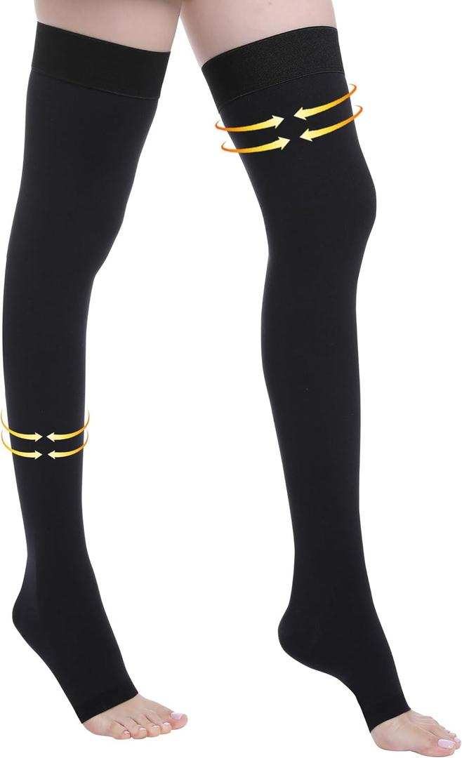 20-30 mmHg Compression Stockings for Women and Men, Medical Graduated Compression Hoses, Open Toe Thigh High Compression Socks, Long Toeless Support Stockings for Varicose Veins, Edema, DVT (Medium, Black)
