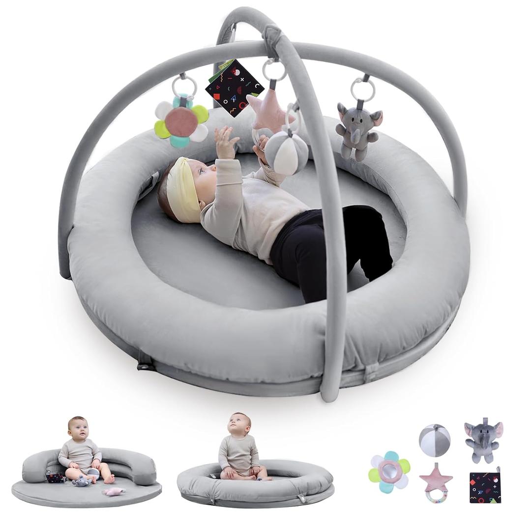 Hiseeme 5 in 1 Baby Play Gym, Thick & Plush Baby Playmats, Tummy Time Mat with 5 Toys for Sensory & Motor Skill Development, Baby Activity Mat from Newborn to Toddler, Infant Gift Essentials (Grey)