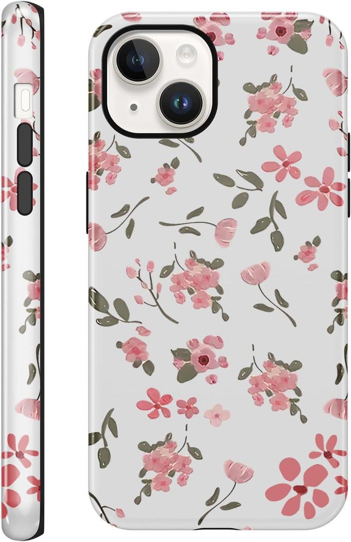 Pink Flower Phone Case for iPhone 13/iPhone 14, Cute Floral Phone Case for Girls Women, Vintage Exquisite Design Anti Scratch Stylish TPU Shockproof 2-in-1 Double Protective Cover