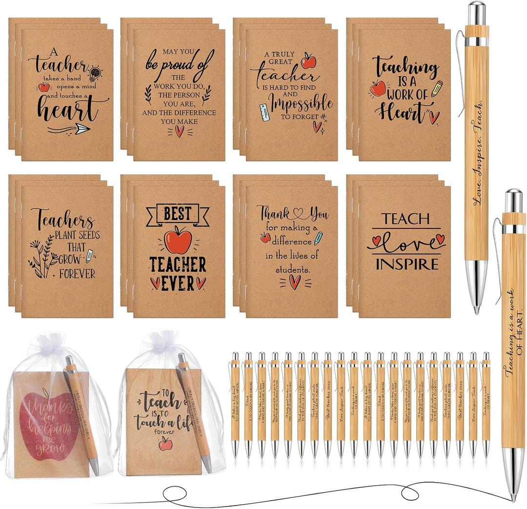 Jutom 30 Sets Teacher Appreciation Gifts Bulk Inspirational Kraft Notepads Small Notebooks Journal Motivational Bamboo Ballpoint Pen with Organza Bag for Best Ever Teacher Thank You Gifts