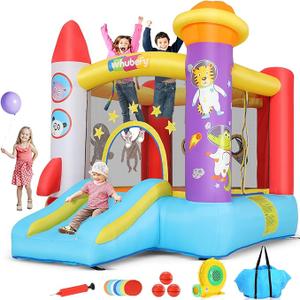 Whubefy Inflatable Bounce House for Kids 3-6 - 8.9ft X 6.9ft Indoor Bouncy House for Boys Girls with Slide & Pitching Net & Astronaut Photo Backdrop - Jumping Castle Party Decoration