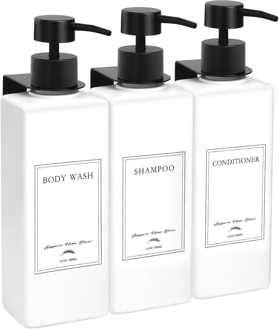 Shampoo Dispenser for Shower Wall Mount 3 Chamber, No Drill Shampoo and Conditioner Dispenser with Waterproof Labels, Easy Refill Shower Soap Dispenser Wall Mounted for Bathroom Home Hotel (White)
