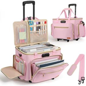 Housolution Rolling Teacher Bag with Wheels, Fits for 17" Laptop, Teacher Tote Bag with Detachable Trolley, Laptop Work Case with Anti Theft Lock, Briefcase Cart with Accordion File Organizer, Pink