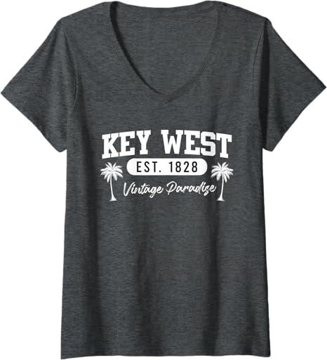 Womens KEY-WEST ESTABLISHED 1828 VINTAGE PARADISE Florida V-Neck T-Shirt, Size S