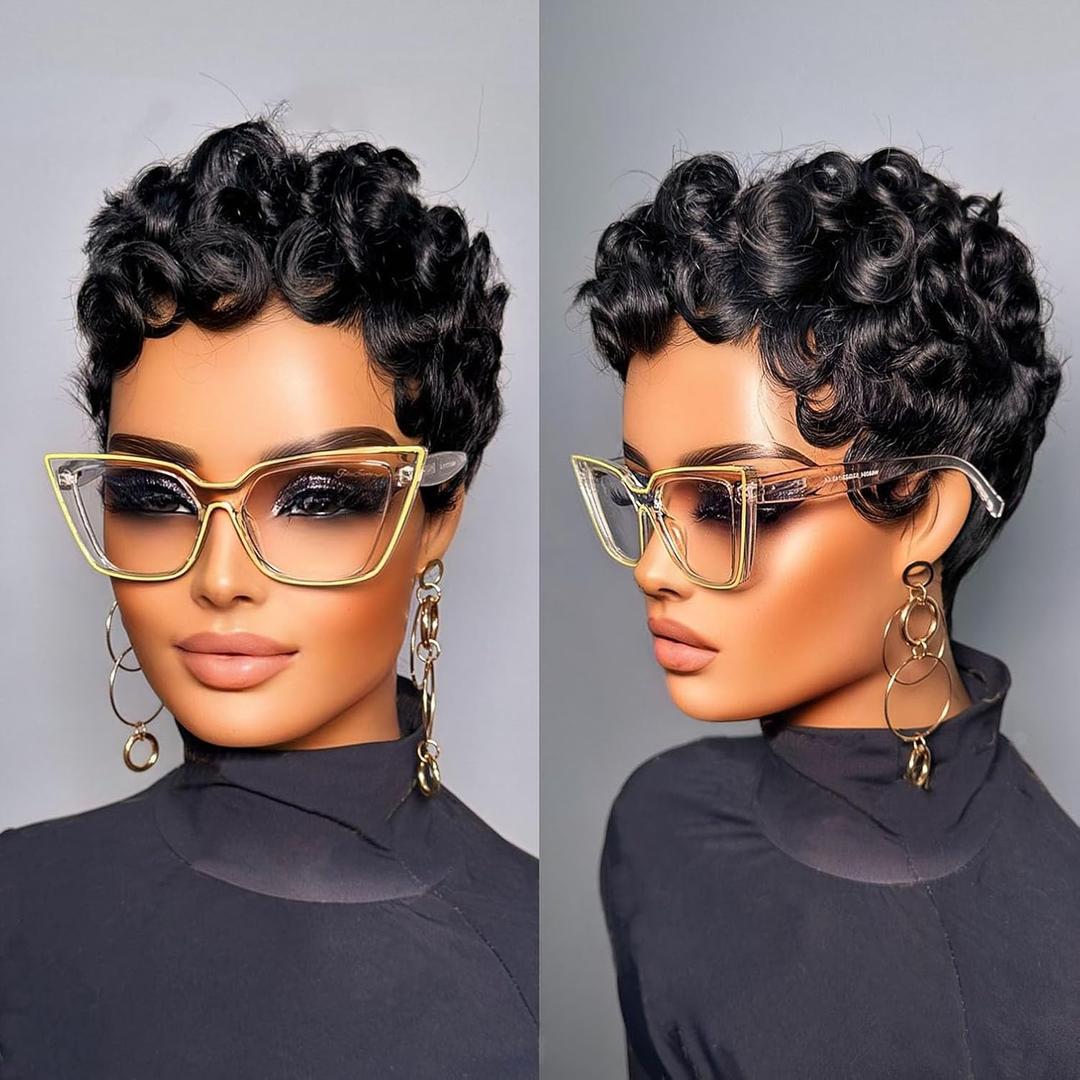 VRZ Short Pixie Cut Wigs for Black Women 100% Brazilian Human Hair Full Machine Made Wigs Glueless Natural Black Color Curly Human hair (U50#NL Color)