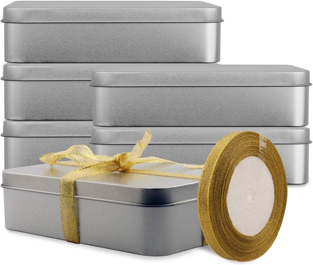 Coobbar Empty Metal Tins Box with Lid,6 Pack Stainless steel Tins Cans Storage Container for Treats, Gifts, Candle, Favors and Crafts, Silver (7 x 4.3 x 1.57 Inches)