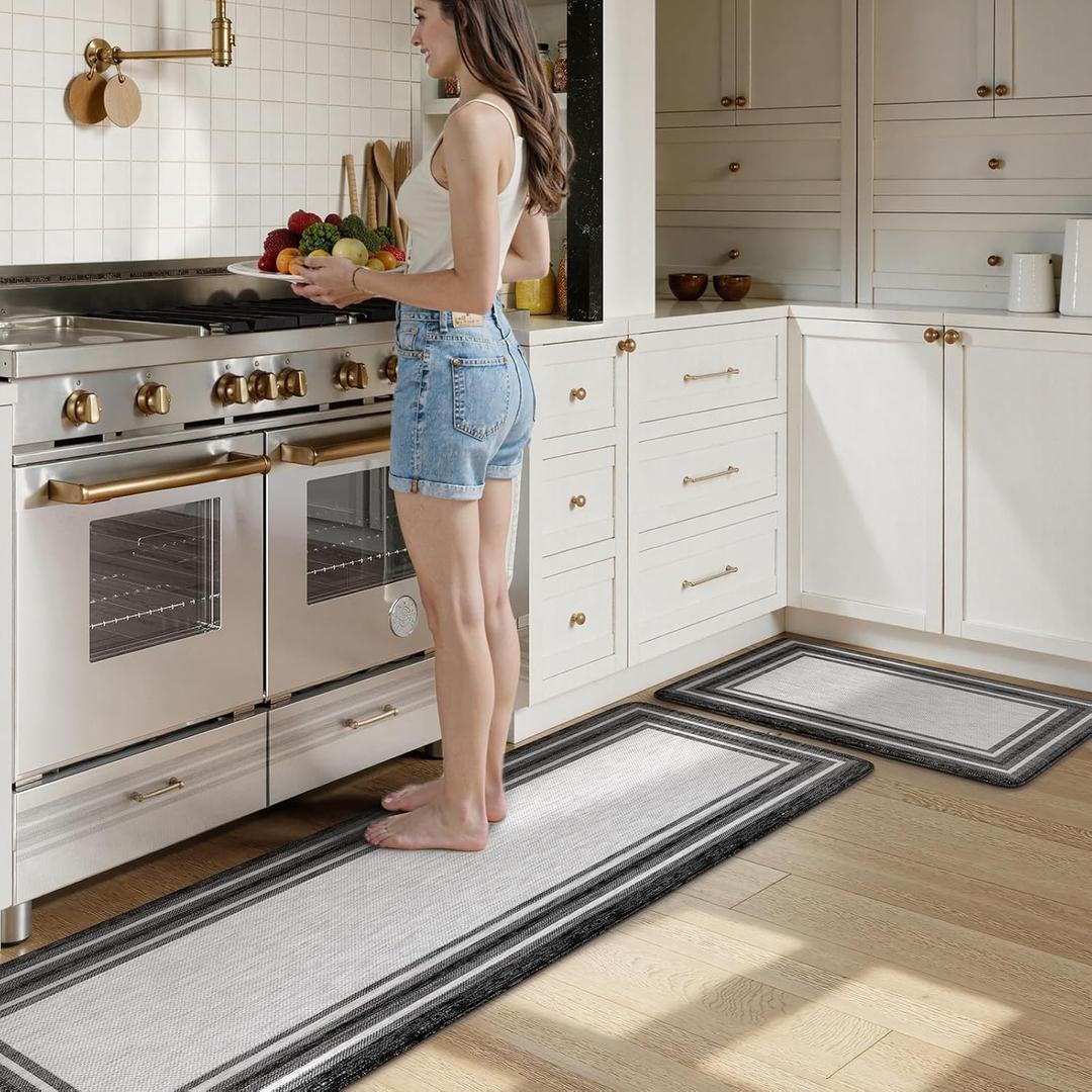 KIMODE Anti Fatigue Kitchen Mats for Floor 20"x59"+20"x32", Farmhouse Kitchen Rugs Sets of 2, Cushioned Non Slip Kitchen Mats for Floor, Comfort Kitchen Floor Mats for Sink Laundry Desk Black