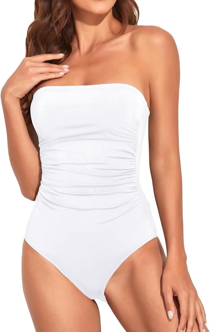 Holipick Women Tummy Control One Piece Swimsuits Strapless Bandeau Bathing Suits Slimming Halter Swimwear (Large, White)