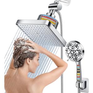 Dual Filtered Rain Shower Head Combo, High Pressure 9 Modes Handheld Shower Head Built in Power Spray, 6 inch Rainfall Shower Head with Filter for Hard Water
