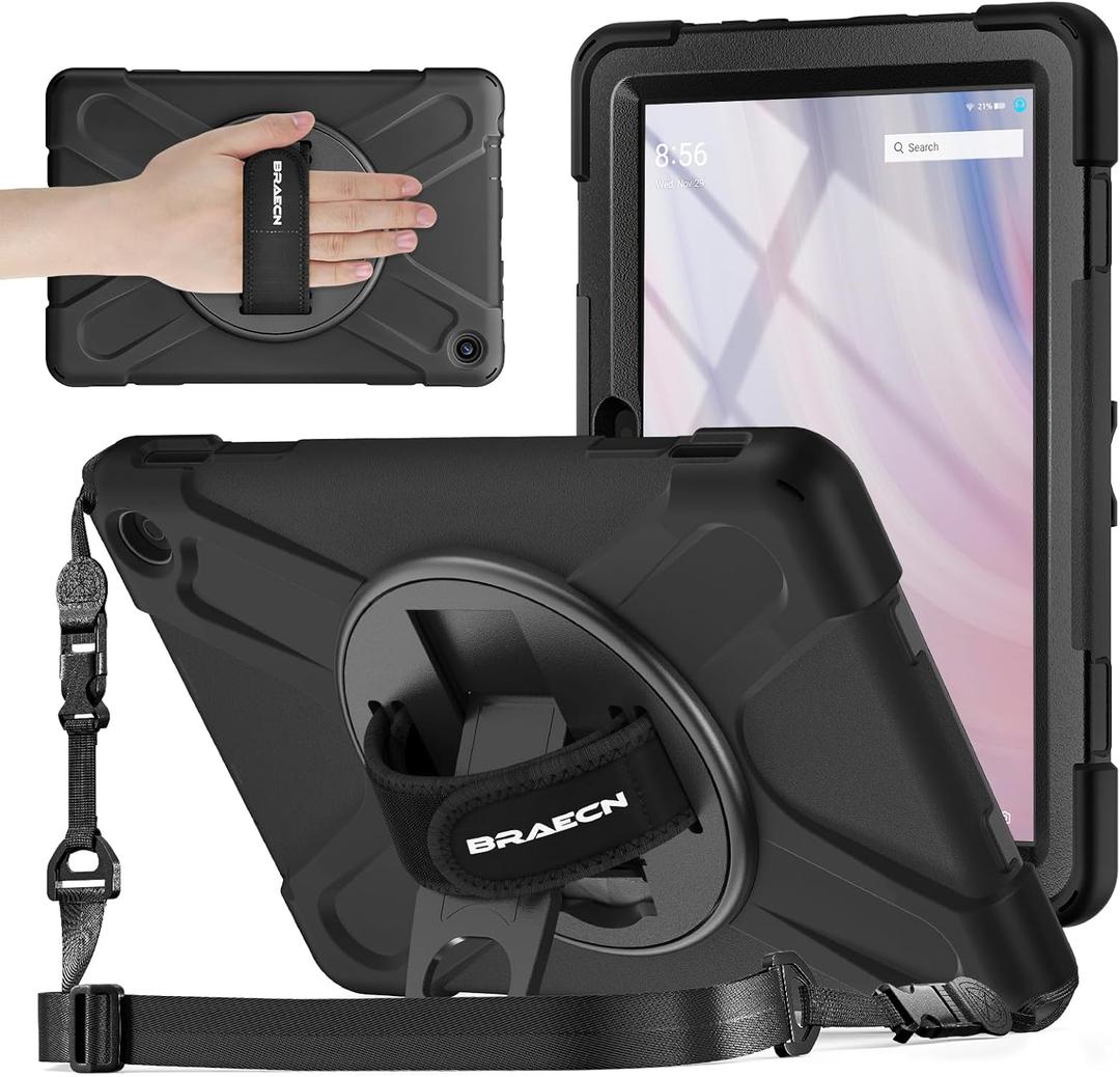 BRAECNstock for Amazon Fire HD 10 Tablet Case (13th Generation 2023) 10.1" Shockproof Protective Kids Case with Screen Protector [Rotating Hand Strap+Stand], Pen Holder, Shoulder Strap, Black