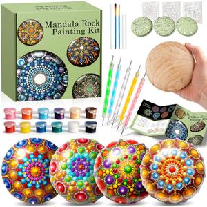 Catcrafter Mandala Rock Painting Kit - 5 Large Wooden Rocks for Painting with 6 Stencil Supplies - Mandala Dotting Tools Kit - Dotting Tools for Paint Rocks - Dot Art and Crafts for Adults Woman