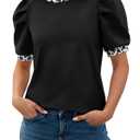 Tankaneo Womens Puff Short Sleeve Tops Summer Dressy Casual Crew Neck Work Blouses 2026 Leopard Loose Fit T Shirt (Black, XL)