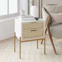 Andrew End, Bedside or Side Table in Matte White Finish with Two Natural Rattan Drawers Doors for Storage and Brass Gold Accents for Living Room or Bedroom, White/Cane/Gold, Set of 2