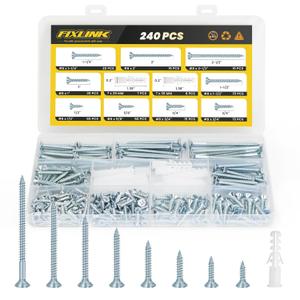 Wood Screws Assortment Kit, FIXLINK 240 PCS High Hardness Flat Head Wood Screws Set, Phillips Drive Assorted Screws, Contain 15PC Anchors and 8 Size (2-1/2,2,1-1/2,1-1/4,1,3/4,5/8,1/2), Zinc